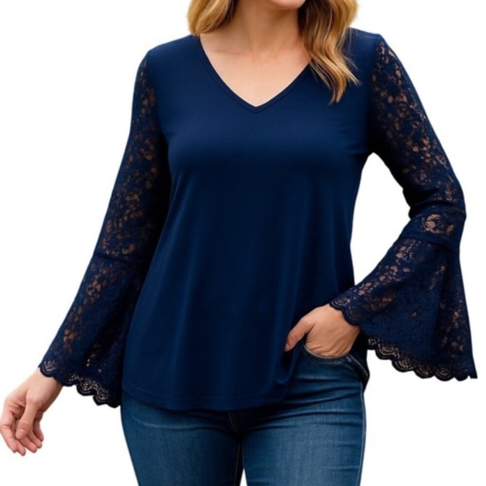 Susan Graver Navy Blue V-Neck Top with Lace Bell Sleeves